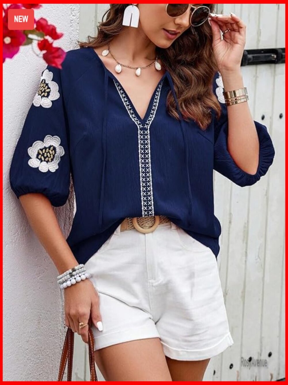 Floral Embroidered Peasant Blouse V Neck Puff Sleeve Boho Top - Picture 2 of 5